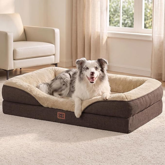 EHEYCIGA Orthopedic XL Dog Bed for Large Sized Dog, 42x30 Inch Extra Large Memory Foam Dog Couch Bed with Sides, Waterproof Liner & Washable Removable Cover, Bolster Pet Sofa, Brown