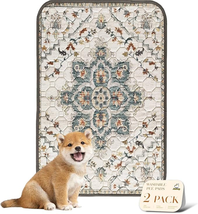 nunubaby Washable Pee Pads for Dogs, Stylish, Non-Slip and Leak-Proof Pee Pads. Reusable Potty Pads for Dogs for Crates and Floors.(Beige/Floral, 24" x36")