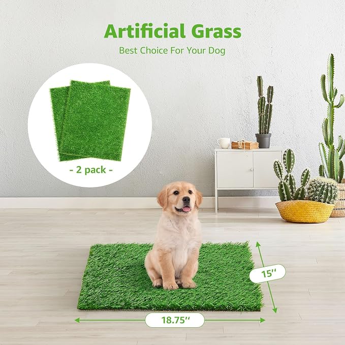 Artificial Dog Grass Pee Pad 18.75"x15" 2 Pack, Indoor Potty Training Turf | Easy to Clean, with Drainage, Reusable, Realistic, Fake Grass Mat, for Apartment, Balcony, Outddor Use