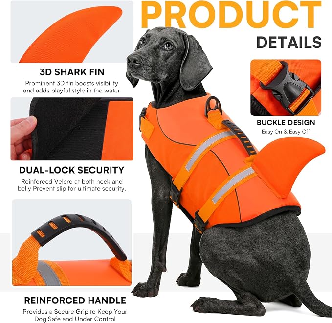 Dog Life Jacket, Dog Life Vest for Swimming, Puppy Shark Swimming Vest with Rescue Handle, Reflective Adjustable Pet Lifesaver Preserver for Small Dogs, Orange S