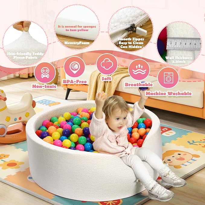Imitation Teddy Foam Ball Pits 35.4"x 11.8" Soft Round Playpen for Toddlers Pets with Soft Memory Sponge for Babies Indoor and Outdoor Game White(Balls not Included)