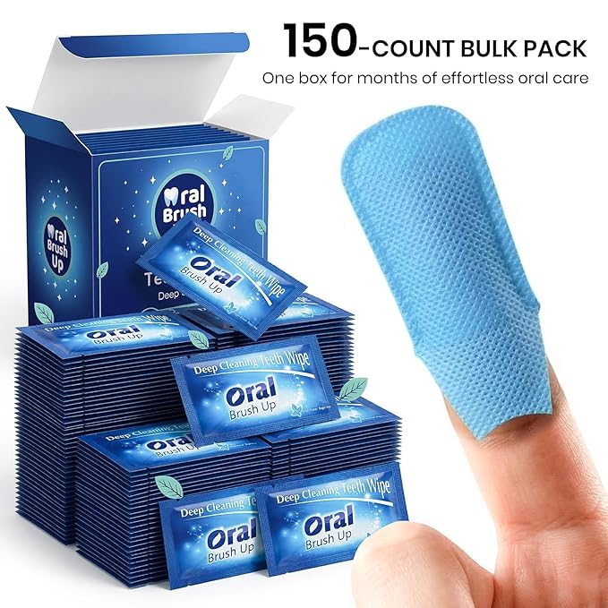 150pcs Disposable Textured Teeth Wipes Finger Brush Oral Brush Ups, Deep Cleaning Dental Wipes, Individually Wrapped, Mint Flavor, No Water Needed, Remove Stains from Coffee Tea Wine, Ideal for Travel