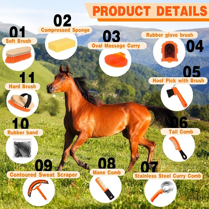Abbylike 12 Piece Horse Grooming Kit with Organizer Tote Bag Brush Sets for Derby Day Show Horses Professional Tools for Care & Massage(Orange)