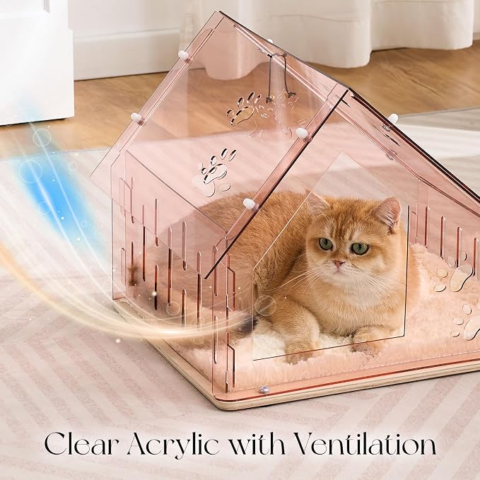 Acrylic Cat House for Indoor Cats, Transparent Cat Bed Cave with Plush Cushion & Hanging Toys, Modern Ventilated Cat Condo with Sturdy Wooden Base for Adult Cats & Kittens up to 12 lbs, Pink