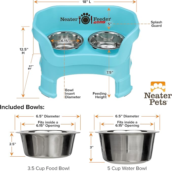 Neater Feeder Deluxe Mess-Proof Elevated Dog Bowls for Medium Dogs (19–40 lbs), 2 Height Adjustable (10” & 12.5”) No-Spill Raised Dog Bowl Stand, Stainless Steel Food Bowl Set, Made in USA, Aquamarine