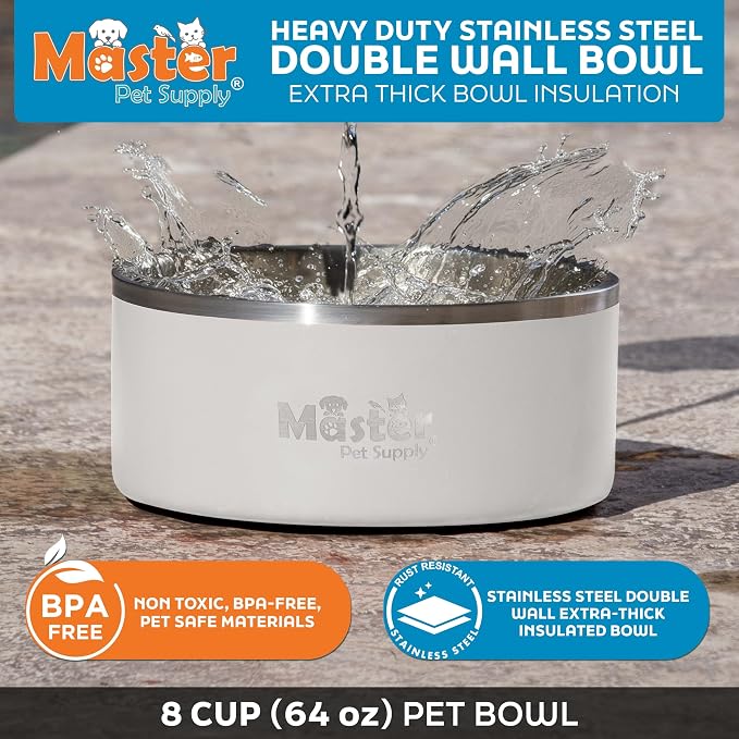 Master Pet Supply Stainless Steel Dog Bowls - 64 oz, Heavy Duty - Bone White, Double Wall Extra-Thick Insulated, Non-Slip Pet Water Bowl for Dogs, Cats & Pets, Anti Rust Metal, Dish Washer Safe