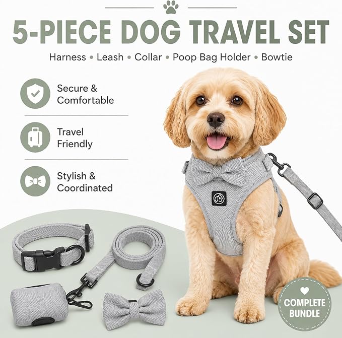 EVERKING 5-Piece Dog Travel Set, Adjustable Harness, Leash, Collar, Poop Bags, Bowtie for Small Medium Dogs, Beige, Breathable No-Pull Design (Slate Gray, L)