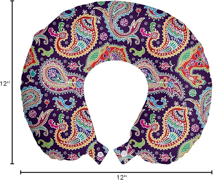 Ambesonne Paisley Travel Pillow Neck Rest, Sixties and Seventies Hippie Themed Motives Geometrical and Floral Design Image Print, Memory Foam Traveling Accessory for Airplane and Car, 12", Purple