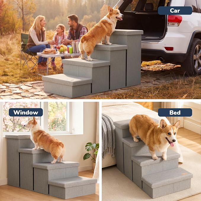 4-Step Wide Dog Stairs with Storage 23" H, Non-Slip Sturdy Pet Steps for High Bed Couch Window, Pet Stairs for Small/Medium/Large Old Dogs Cats Up to 220lbs, Cat Dog Steps for Car, Light Grey