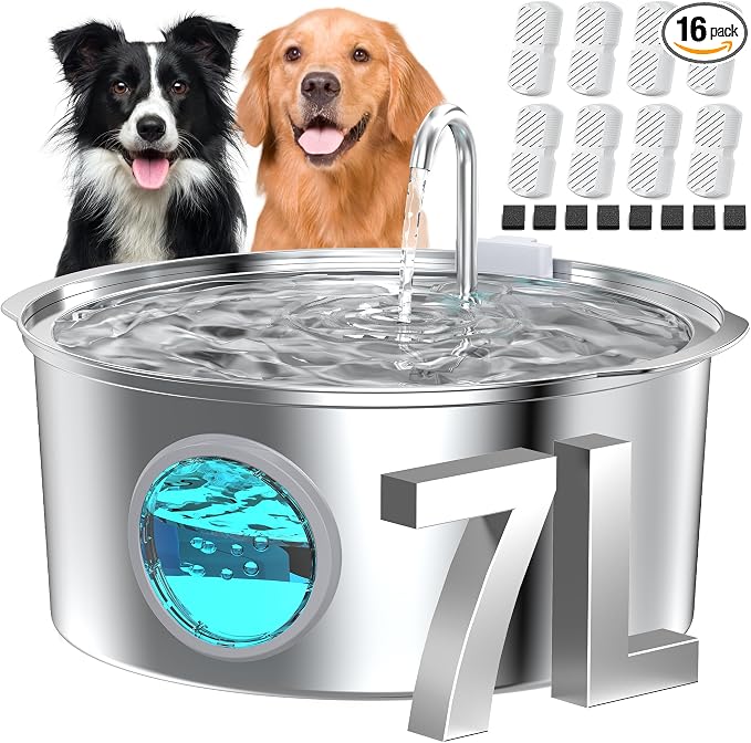 Dog Water Fountain for Large Dogs: Big Cat Water Fountain Stainless Steel -1.8Gal/7L Big Quiet Cats Water Bowl Dispenser- Pet Water Fountains for Dogs - 8 Filters + 8 Sponge Filters - GROOKPET