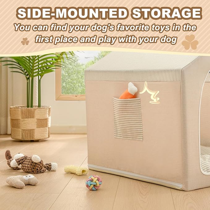 Indoor Dog House with Frame,Cute Dog Tent Bed with Cover Cave,Beige | Breathable,Washable,and Foldable House, Suitable for 8-16 Lb Puppy and Cats, Medium (17"×17"×17"),Inside Dog House