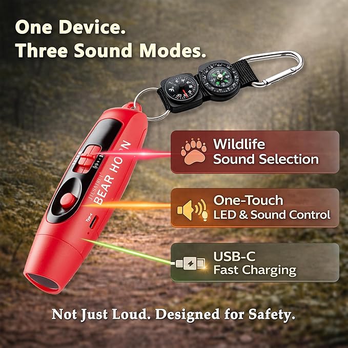 120dB Electronic Air Horn with Compass & Thermometer- Bear Horn to Scare Bears - Self Defense for Hiking