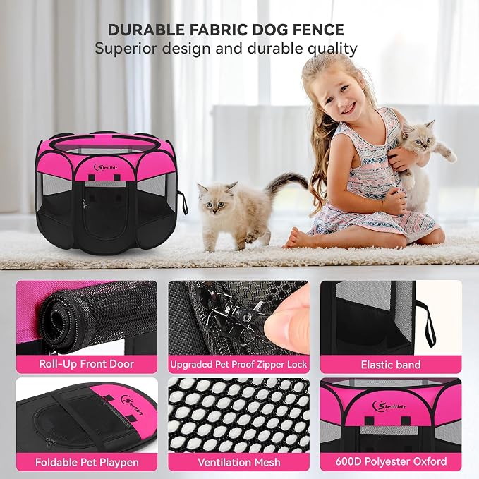 Siedihit Dog Playpen, Puppy Pet Playpens Indoor for Small Dogs Tent Crates | Cage Indoor/Outdoor, Portable Pop Up Dog Kennel Playpen with Carrying Case for Dogs/Cats/Rabbits, Hot Pink