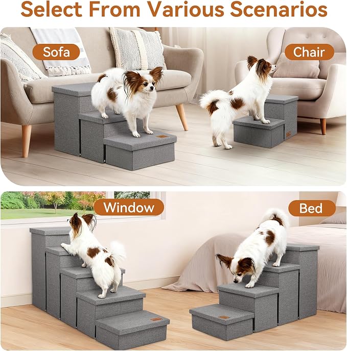 Zerbuger Dog Stairs with Storage, Grey 5 Steps Dog Ramp no Condo for Bed | 26" H Wider Dog Steps for High Beds Couch, Folding Storage Pet Stairs Gift for Climbing Small/Medium/Large Old Dogs Cats