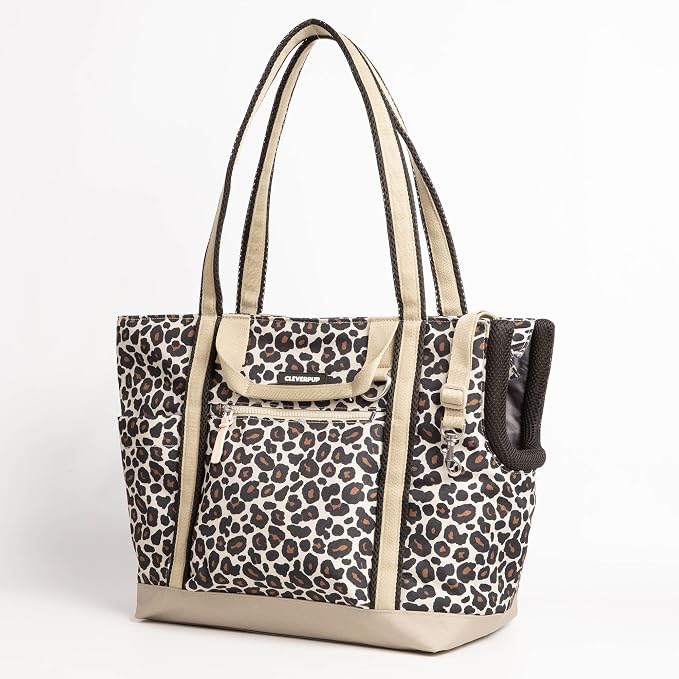 Transit Tote Dog Carrier for Small/Medium Dogs 8-20 lbs, 19x12x9 Soft-Sided 4-Pc Set with Waterproof Base, Plush Insert, Food Pouch, Mesh Head Opening - Medium, Leopard