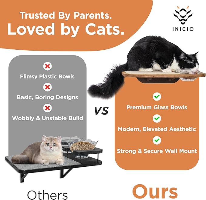 INICIO Cat Shelves - Feeding Shelf with 3 Cat Wall Steps - Natural Wood | Cat Wall Shelves with Wall Mounted Cat Food Bowls - Dog Proof Feeding Station and Convenient Feeder for Cats up to 15lbs