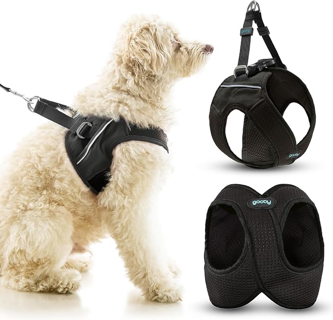 Gooby Escape Free Easy Fit X Step-in Dog Harness, Vegas Black, X-Small | Patented escape-free, tightens on back-out; Choke-free X-frame + V-neck; Quick-release buckle; Reflective trim