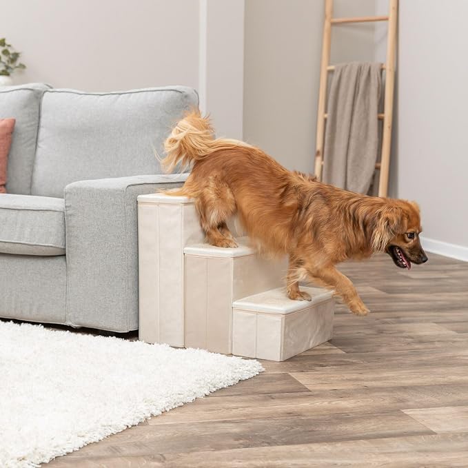 TRIXIE 3-Step Velour Pet Stairs, Beige | Collapsible, Storage Compartments for Pet Toys, Ideal for Dogs & Cats