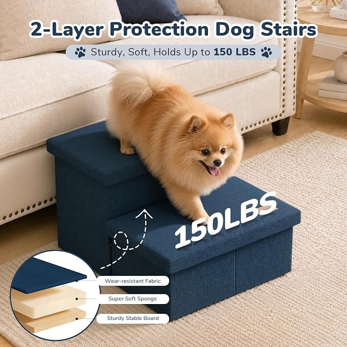 2-Step Wide Dog Stairs with Storage 11" H, Non-Slip Sturdy Pet Steps for Couch Chair, Dog Steps for Small/Medium Old Dogs, Cats, Rabbits Up to 150lbs, Foldable Cat Puppy Stairs for Car, Navy