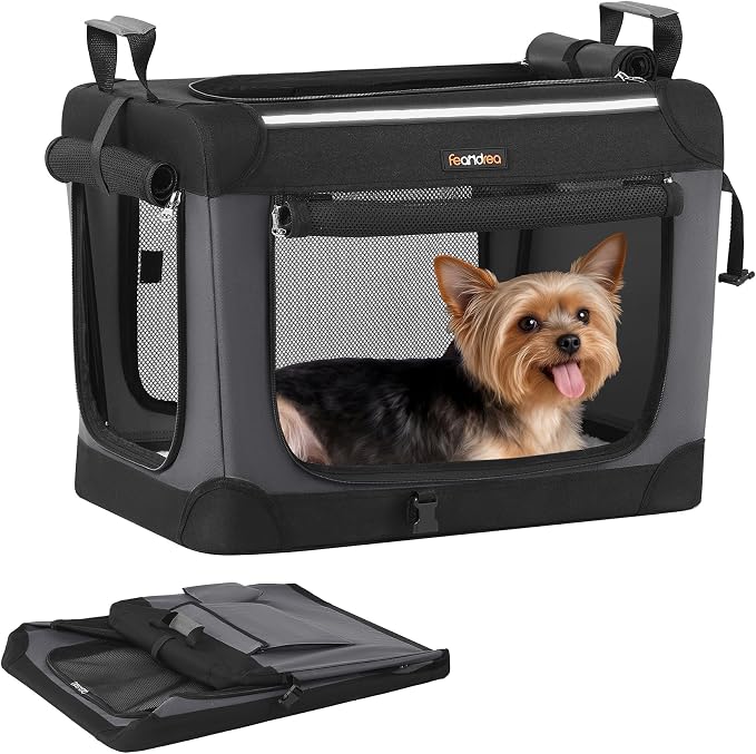 Feandrea Collapsible Dog Crate, Portable Travel Crate, 20-Inch | Oxford Fabric Pet Carrier with 4 Mesh Doors, Handles, Storage Pocket, Water Bottle Holder, UPDC015BH02