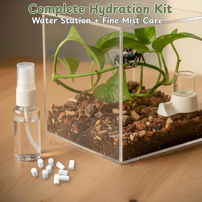 Jumping Spider Water Dispenser Enclosure Accessories, Mini Water Dispenser and Mist Bottle with 10 Replace Cotton Cores, Jumping Spider Habitat Decoration Tarantula Enclosure Accessories (White, 5 ML)