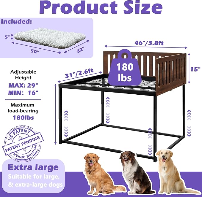 Beside Dog Bed,2 Panel Adjustable Height Dog Bunk Beds,47''x 31'' Metal Dogs Bed Frame with Cushion,X-Large