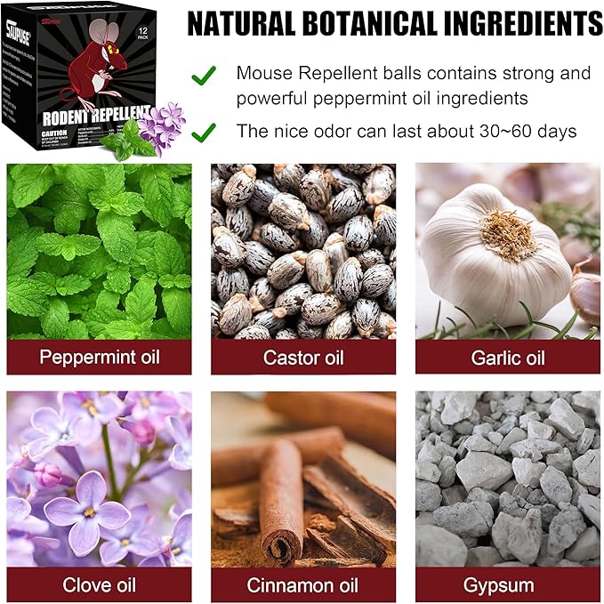 Rodent and Insect Repellent Ball. Suitable for use in Homes, Gardens, and Warehouses. Uses Natural Ingredients to Safely and Effectively Repel mice & Squirrels. Safe for Families and Pets 12 Pack
