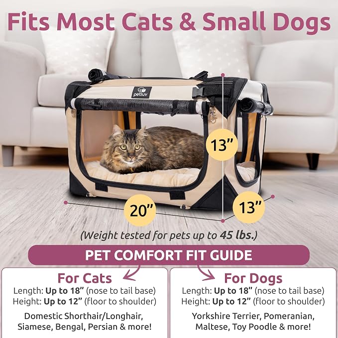 Cat & Dog Pet Carrier, Soft-Sided, Medium 20"x13"x13" Fits Most Cats or Small Dog, Comfortable for Travel & Vet Visits, Privacy Windows, Removable Plush Bed, Locking Zippers, Folds Flat