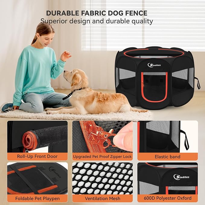 Siedihit Dog Playpen, Large Puppy Pet Playpen, Dog Crate Tent Cage Indoor | Outdoor, Portable Pop Up Dogs Kennel Playpen with Carrying Case for Dogs/Cats/Rabbits, Black