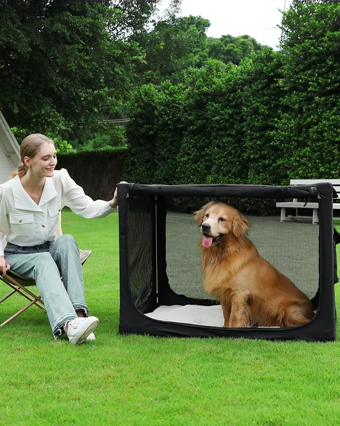 Veraste 42" Soft Collapsible Travel Dog Crate for Large Dogs,Black | 4-Door Foldable Travel Crate,breathable mesh, foldable with storage bag