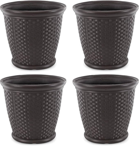 Suncast Sonora 4 Pack 22 Inch Plastic Wicker Indoor or Outdoor Decorative Garden Flower Planter for Entryways, Porch, and Backyard Patios, Dark Brown