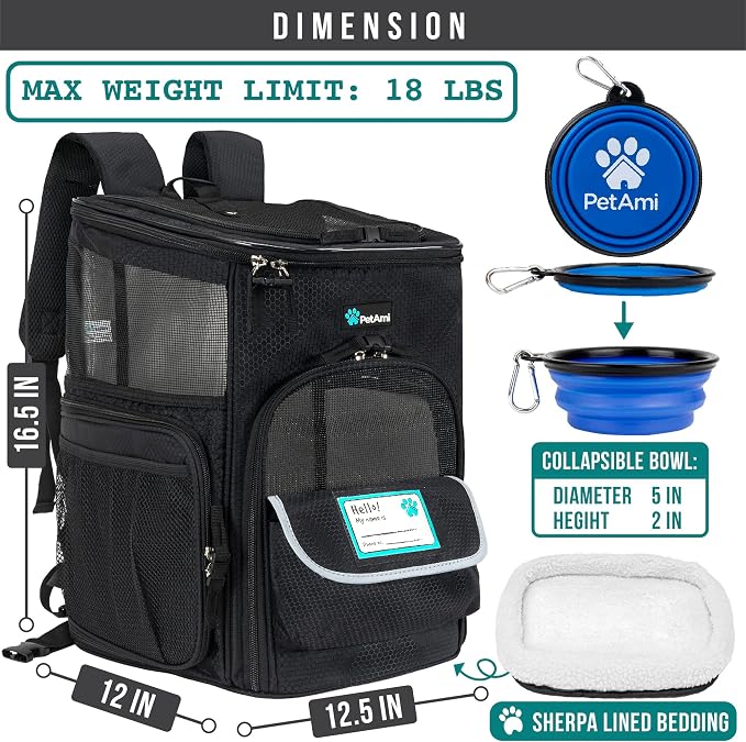 PetAmi Dog Backpack Carrier, Airline Approved 4-Way Entry Cat Backpack Carrier, Ventilated Mesh, Collapsible Pet Carrier for Small Puppy, Kitten, Hiking, Travel Car, Vet, up to 18 lbs, Black