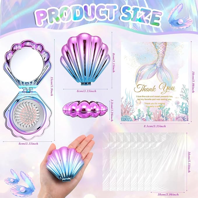 LemonRoad 24 Sets Mermaid Party Favors Shell Hair Brush with Mirror Card, Foldable Mini Travel Compact Hair Brush for Women Birthday, Bachelorette, Under The Sea, Beach Party Gifts(Gradient Colors)