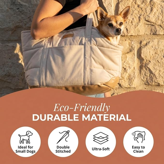Plush Dog Purse Carrier for Small Dogs, Soft Tote Bag with Safety Harness Clip, Cozy Pet Carrier for Dogs Under 15 lbs, Comfortable Dog Shoulder Carrier for Travel, White 2.0