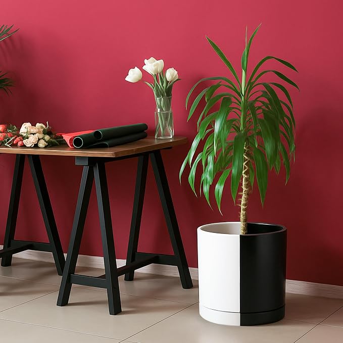 D'vine Dev 10 Inch Ceramic Planter Pot, Black White Split, 94-O-E-0 | Modern Cylinder Design, Drainage Hole & Saucer Included, Stable Structure, Elegant Home Accent