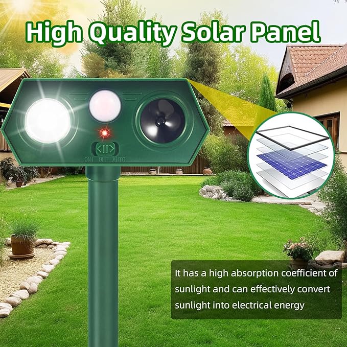 2 Pack Upgraded Solar Ultrasonic Animal Repellent Outdoor Sonic Deer Repellent Devices with Motion Sensor & Flashing Light Effective Cat, Squirrel, Raccoon, Rabbit Deterrent for Yard, Garden