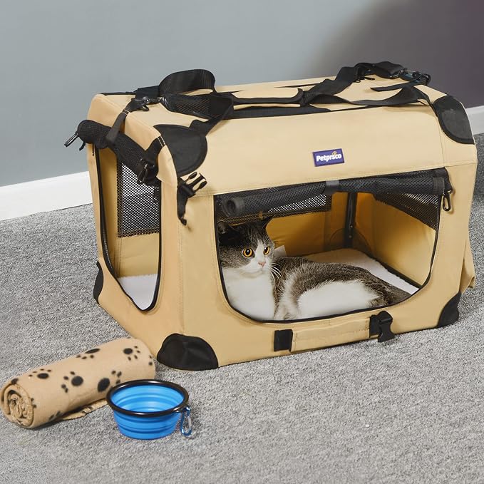 Petprsco Portable Collapsible Dog Crate, 24" Soft Dog Crate for Car Travel | Includes Mat, Blanket & Bowl, Strong Fabric, 4-sided Mesh Vents, 3 Doors, Fit Small Dogs & Large Cats Indoor and Outdoor Use