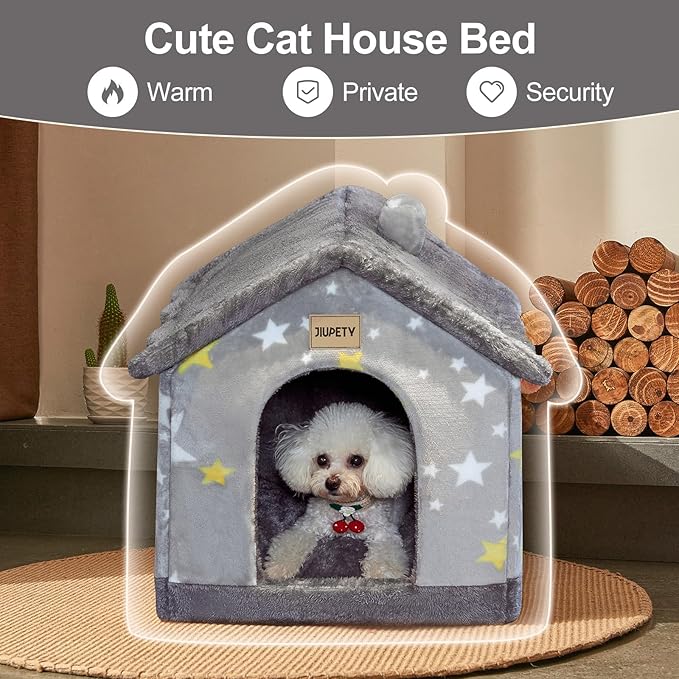 Cute Cat Beds for Indoor Cats,Foldable Cat House with Non-Slip Bottom,Grey | S Size Kitten Bed for 0-6 Lb Dogs and 0-8 Lb Cats,Soft Cozy Dog Cave Bed,Cat Nest Puppy Cave