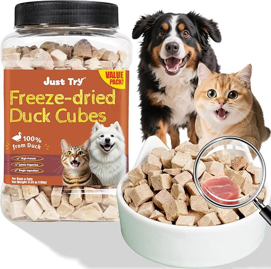Just Try 6.35 oz Freeze-Dried Duck Cubes for Dogs & Cats – Single-Ingredient Dog Treats&cat Treats, Grain-Free, High Protein, Low Fat, Supports Skin & Joint Health – Natural Training Treats
