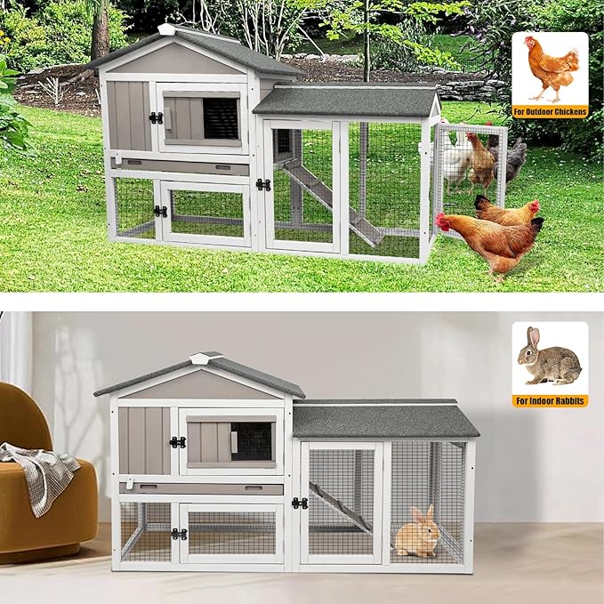 PetsCosset 57" L Rabbit Hutch Indoor and Outdoor 2-Story Rabbit Cage with Pull Out Tray,Fir Wood Guinea Pig Cages with Wooden Ramp,Waterproof Bunny Cage Indoor Bunny Hutch with Waterproof Roof,Grey