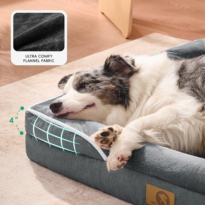 Homemate Dog Bed Large Sized Dog: 36"x27" Orthopedic Pet Bed with Toy | Large Dogs Bed with Non-Slip Botton & Removable Washable Cover Cat Bed Sofa L Outdoor Crate Pad Couch Dark Grey