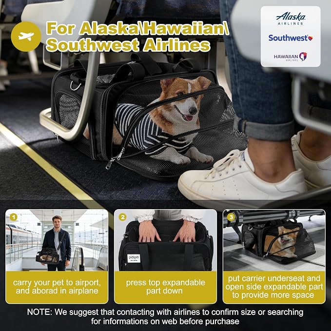 pidipiti 17x11x9.5 Soft-Sided pet Carrier,for Extra-Small Dog or Medium cat | top and 1 side Expandable,for Alaska Hawaiian Southwest Airline ,TSA Approved,with 2 pockets,zipper lock,leakproof