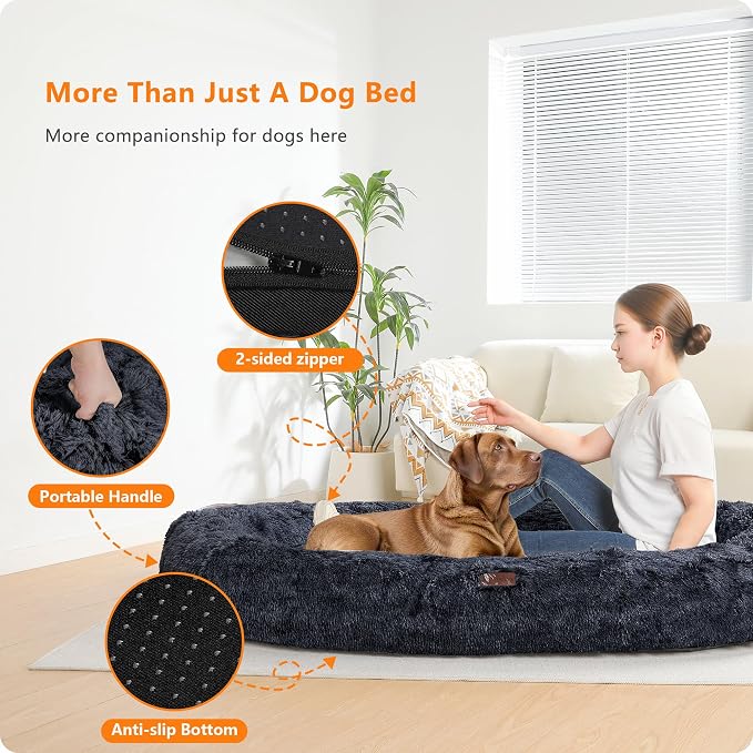 Human Dog Bed for Adult, Orthopedic Gel Memory Foam, 71"x47"x9" | Human Dog Bed Fits Adult & Pets, Reversible Egg-Crate Foam Cushion, Washable Pet Bed with Blanket, Graphite Grey