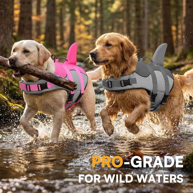 Dog Life Jacket Ripstop Shark Dog Safety Vest Adjustable Preserver with High Buoyancy and Durable Rescue Handle for Small,Medium,Large Dogs, Grey Shark X-Small