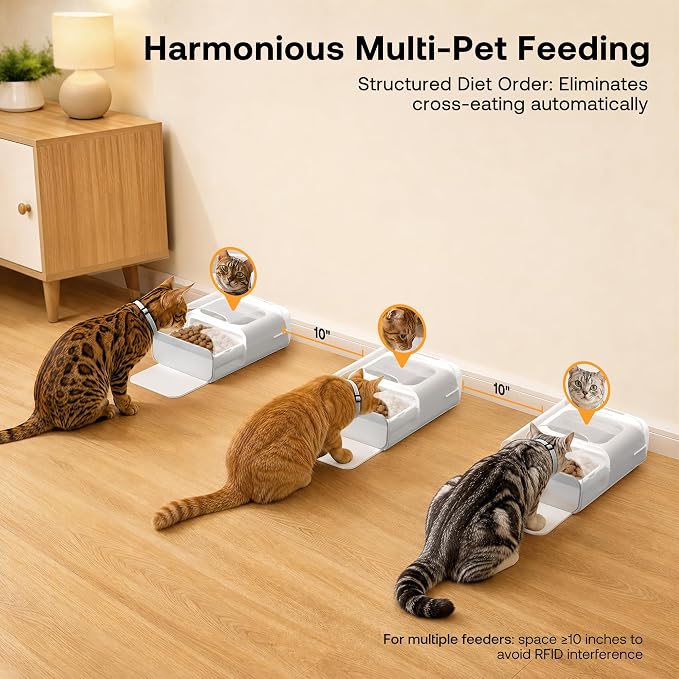 RFID Automatic Cat Feeder with Collar Sensor, Anti-Stealing Food Dispenser with Sealed Lid for Wet Dry Food and Different Diet for Multi-Pet Home, Auto Pet Feeder for Cats & Small Dogs, White