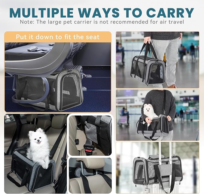PETSFIT Large Cat Car Carrier,19 x 12 x 12 | Roomy Escape-Proof Cat Car Seat, Safe Driving, Lockable Zippers & Safety Tether, Soft-Sided Travel Carrier