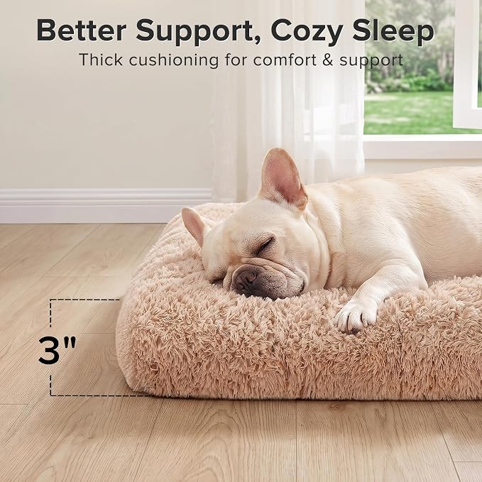 JOEJOY Dog Bed Crate Pad, Deluxe Plush Washable Dog Beds Fulffy Soft Kennel Pad Anti-Slip Pet Sleeping Mat for Medium Small Dogs, 29" x 21", Beige