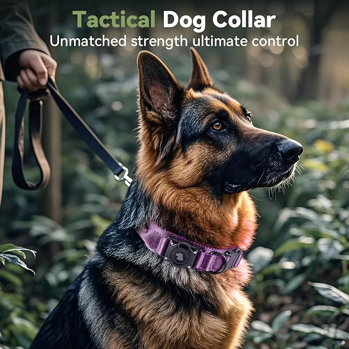 2026 Upgrade Waterproof AirTag Dog Collar, Military Tactical Dog Collar with AirTag Holder, Comfortable Control Handle and Metal Buckle, GPS Dog Collar Holder for Medium to Large Dogs (Purple, M)