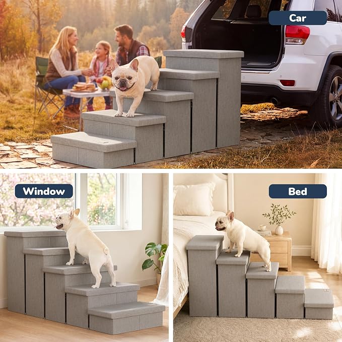 5-Step Wide Dog Stairs with Storage 23" H, Non-Slip Sturdy Pet Steps for High Bed Couch Window, Pet Stairs for Small/Medium/Large Old Dogs Cats Up to 260lbs, Cat Dog Steps for Car/SUV, Grey