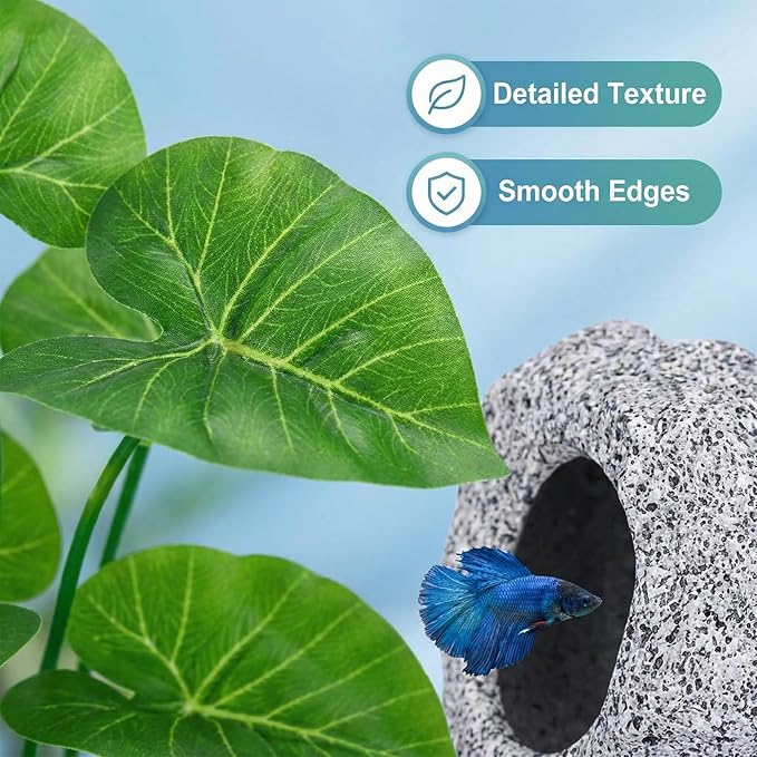 9 Pack Fish Tank Decorations Set Aquarium Decor Rock Cave Hideout, Artificial Aquarium Plants Plastic Betta Leaf Hammock Goldfish Betta Fish Tank Accessories Small Large Fish Bowl Ornaments